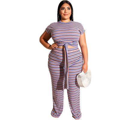 China JY-19345 hot sale breathable sexy women stripe print plus size pants set 2 pieces set women apparels for sale