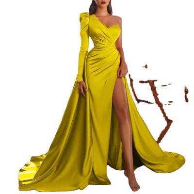 China CX38 New Breathable Women's Satin Long Sleeve Dress Long Split Single Shoulder Floor-quick Evening Dress for sale