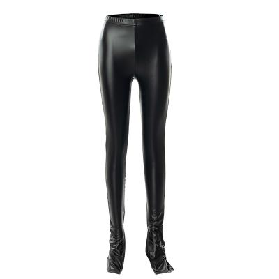 China Breathable Slim CX33 Body Lift Hip And Foot Split High Waist Tight Hole PU Casual Leather Pants for sale