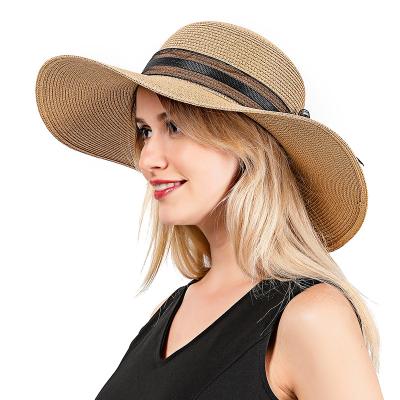 China CYX747 Straw Knitted Wide Brim Woman Sun Hat Large Wave Brim Beach Barred Hat 214g for sale