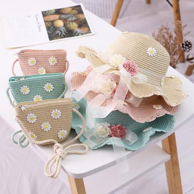 China Hot Sale CYX744 Striped Straw Hat And Bag Set Kids Summer 2pcs/set Beach Girl Kids Sun Hat for sale