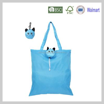 China Lightweight Collapsible Poly Cat Foldable Polyester Shopping Bag With Long Handle for sale