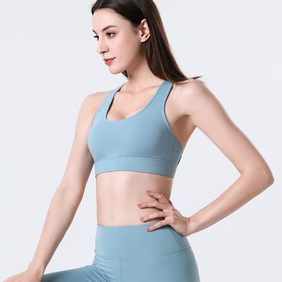 China Top Sell Amazon Breathable Sports Wear U-Shape Yoga Criss-Cross Straps Back Crop Upper Medium Support Firm Aplet Gym Sports Bra Women for sale