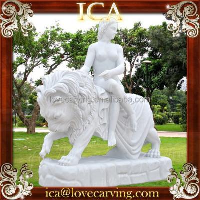 China Western Outdoor Marble Garden White Nude Lady Sitting On Lion Statue for sale