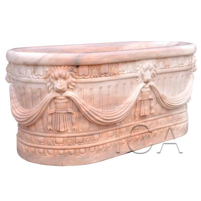 China Garden Plaza Church Cemetery European Style Carvings Solid Freestanding Red Marble Bathtub With Lion Head for sale