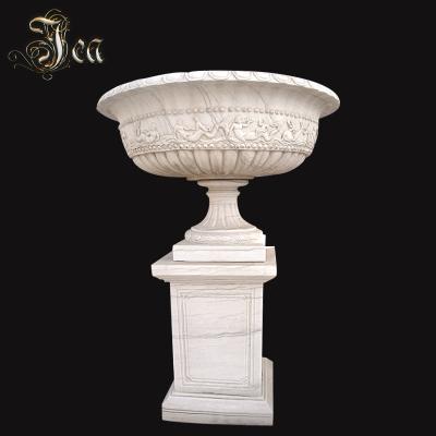 China Wholesale Outdoor Garden Outdoor Hand Carved Marble Garden Urn Flowerpot for sale