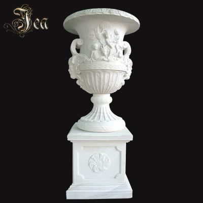 China Cheap Garden Plaza Church Cemetery Hand Carved White Marble Garden Flower Pots And Planters for sale