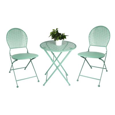 China Modern 3 Piece Metal Folding Bistro Set With Perforated Flower Pattern Outdoor Furniture for sale