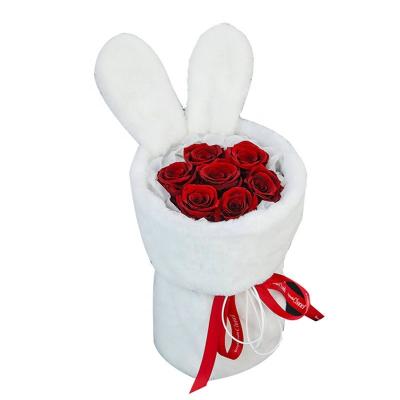 China Preserved Flower Bouquet New By Cute Eternal Rose Gift Bunny Bunch With Greeting Cards And Gift Bags For Birthday And Valentine's Day for sale