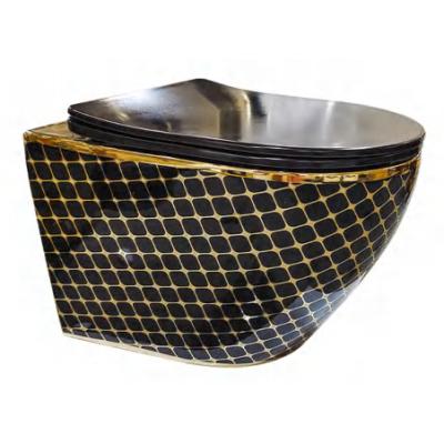 China Modern Luxury Hidden Toilet Bathroom Black Gold Ceramic Wc Trap Home High End Cistern Hotel Cistern Wall Hung Toilet for sale