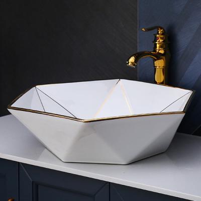 China Easy Clean Bathroom Nordic Sink Worktop Home Decoration Hand Rim Face Hand Rim Gold Style Wash Basin Ceramic Art Ceramic Basin for sale