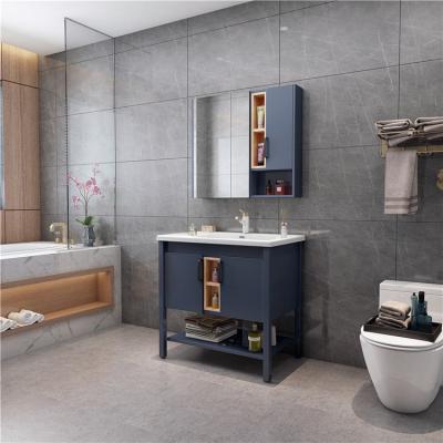 China Modern Hotel Household Furniture Navy Blue Color Cabinet Bathroom Vanities Set With Sink for sale