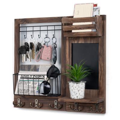 China Stocked Custom Wall Mail Key Holder Wooden Hanging Storage with 5 Double Hooks and Chalkboard for sale