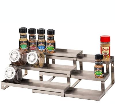 China Stocked Custom LOGO 3 Tier Stainless Steel Expandable Seasoning Shelf Spice Rack Organizer for sale