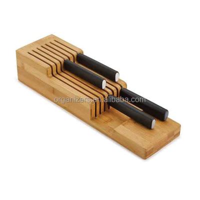 China Stocked Universal Natural Pure Bamboo Wooden Knife Block Kitchen Drawer Knife Organizer for sale