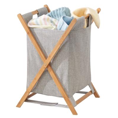 China Stocked Custom LOGO Bamboo and wood laundry basket classified folding storage basket laundry storage organization for sale