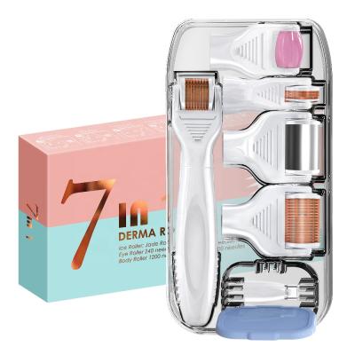 China Anti-Puffiness Portable 7 in 1 Body Derma Roller Kit With Replaceable Heads Microneedle System Machine For Skin Rejuvenation Derma Rolling for sale