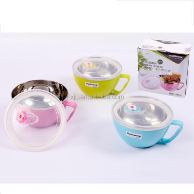 China 1200ml Stainless Steel Instant Noodle Viable Bowls Round Plastic Bowl Food Rice Soup Container With Clear Lid for sale