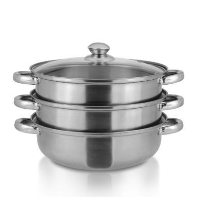 China Sustainable Wholesale Double Boiler Stack Steaming Pot India Stainless Steel Industrial Food Steamer With Glass Lids for sale