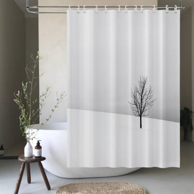 China Sustainable Simple White Tree Pattern Polyester Fabric Hotel Quality Printed Shower Curtain for sale