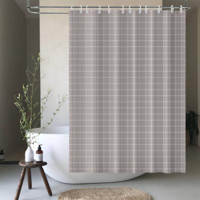 China Custom Made Simplicity Gray Logo Lattice Waterproof Polyester Shower Curtain 180x180cm for sale