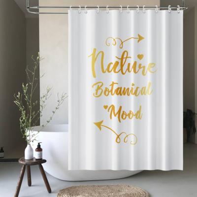 China Sustainable Durable White Fabric Polyester Shower Curtain With Gold Letter Printed Rings 180x180cm for sale