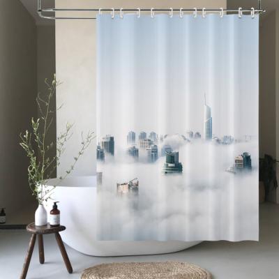 China Photo Viable Custom Smog Urban City Printing Waterproof Polyester Shower Curtain 180x180cm for sale