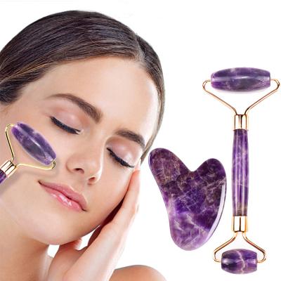 China Hot Sale Amethyst Crystal Jade Roller Purple Jade Roller and Anti-Puffiness 100% Factory Real Gua Sha Set Ready To Ship for sale