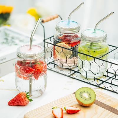 China Viable Wholesale Mason Jars Clear Glass Water Bottle Storage Jars with Lid and Straws for sale