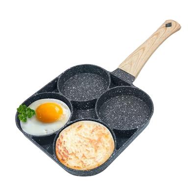 China Contemporary Pancake Maker Pan For Burger Eggs Ham Omelet 4 Hole Wood Handle Frying Pot Non Stick Pan Four Hole Frying Pan for sale