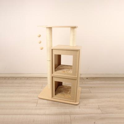 China Customized Natural Tree Sisal Wooden Cat Tower Scratcher Furniture Large Pet Housing Sustainable Pet Tree for sale