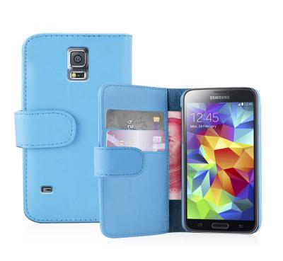 China Blue Stand PU Leather Cell Phone Wallet Cases For Samsung Galaxy S5 i9600 for sale