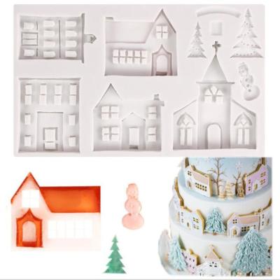 China Viable European Castle Silica Gel Sugar Mold Cottage Christmas Tree Chocolate DIY Mold Cake Decorating Liquid Mold for sale