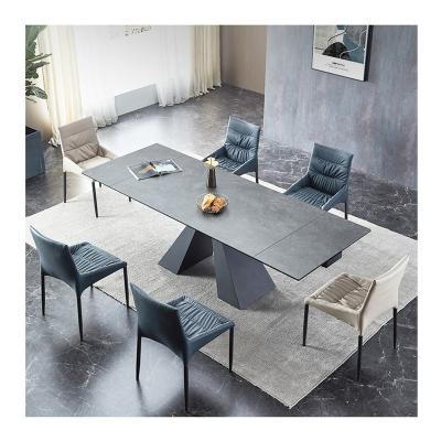 China Adjustable (other) Light luxury folding dining table modern minimalist household stainless steel slate dining table Telescopic dining table for sale