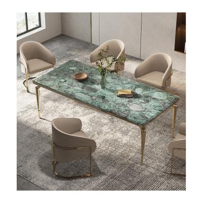 China Adjustable (other) Light luxury dining table set modern minimalist household stainless steel slate dining table Golden Marble dining table for sale