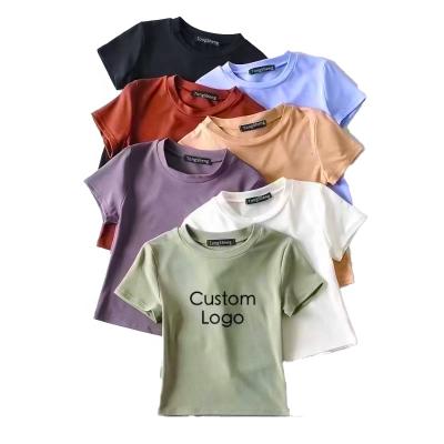 China Anti-Wrinkle Series 100% Cotton Neck Custom Logo Graphic Plus Size T-shirt Women White High Quality Black Printing Plain Tees for sale