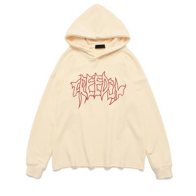 China Viable Custom No Pocket Cut Edge Logo Embroidered Pullover High Quality Raw Trims Hem Men No Strings Oversized Hoodies for sale