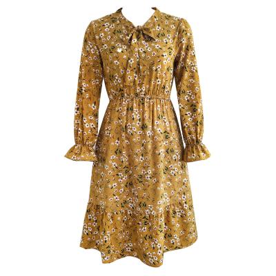 China Like Products Bow Tie Collar Flared Floral Autumn Sleeve Women Casual Dress Dress For Wedding Fashion Printing Hip Wrap Dresses for sale