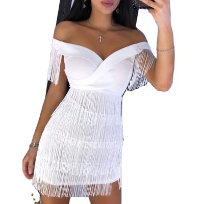 China Elegant Women Anti-Wrinkle Party Wear Sleeveless Bodycon Dress Off The Shoulder Summer Fringe Tassel White Black Dresses for sale