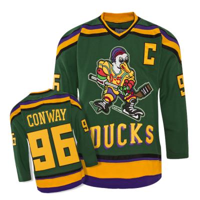 China Antibacterial The Strength Ducks Movie Hockey Jersey CONWAY#99 Green Goalie Cut Size for sale