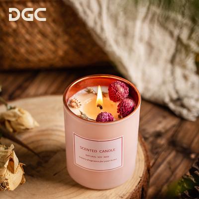 China Festival Decoration Pick DGC High Quality Custom Logo Plating Rose Dried Flower Soy Wax Luxury Scented Candle In Pink Glass Jar for sale