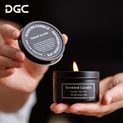 China Festival Decoration Pick China DGC Private Label Black Tin Cans With Lid Soy Wax Candles Aromatherapy Home Scented Candle for sale