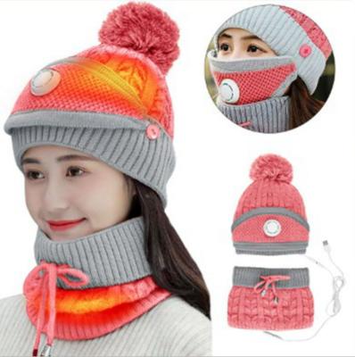 China COMMON Customizable Winter Warm Colorful Rechargeable Battery for Women Mask, Scarf and Hat Three-Piece Suit Heated Hat for sale