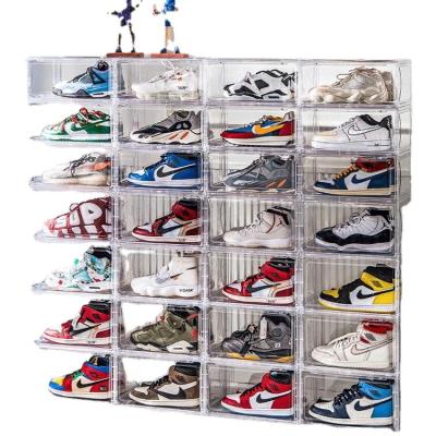 China Transparent Sustainable Plastic Stackable Sneaker Storage Boxes Drop Type Magnetic Clear Shoe Box Front Custom Acrylic Wholesale Drawer Te koop