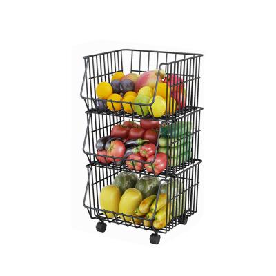 China Three Layer Single Sided Small Size Metal Shelving Multifunctional Stacking Racks Wire Mesh Basket Vegetable Fruit Basket Supermarket Display for sale