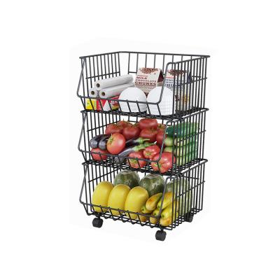 China Large Size Single Sided Three Layers Metal Shelving Multifunctional Stacking Racks Wire Mesh Basket Vegetable Fruit Basket Supermarket Display for sale