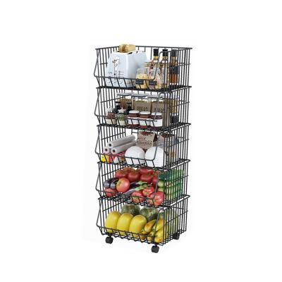 China Single Sided Five Layer Large Size Metal Shelving Multifunctional Stacking Racks Wire Mesh Basket Vegetable Fruit Basket Supermarket Display for sale