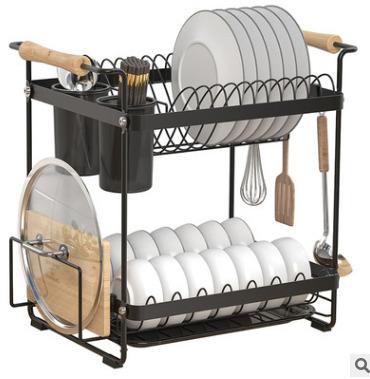 China Sustainable Stainless Steel Storage Kichen Rack With Wooden Handle Dish Double-Layer Dish Drain Rack for sale