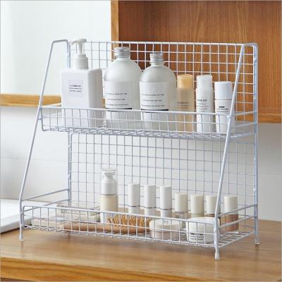 China Luxury Double Layers Metal Material Stand Storage Basket Stand Cosmetic Display Rack Shelf for sale