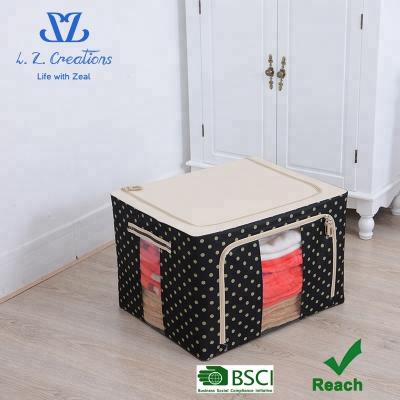 China BSCI 600D Oxford Canvas Metal Wire Collapsible Collapsible Storage Box For Quilt Clothes Stack Clear Window for sale